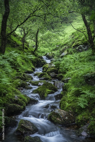 A stream winds through a verdant forest, teeming with lush moss-covered rocks and trees, adjacent to a green hillside