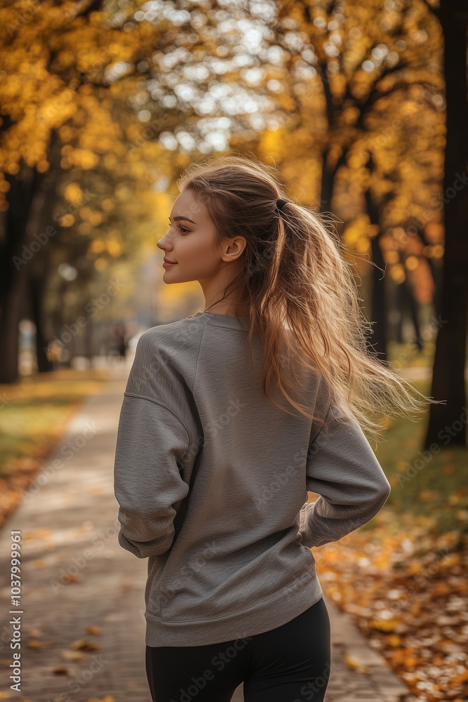 A female interested in sports, jogging slowly, view from the back, autumn city park A female interested in sports, jogging slowly, view from the back, autumn city park