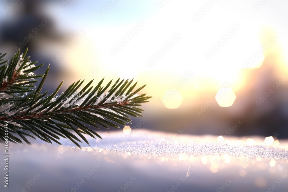  A pine branch up close against a sun-backdropped sky, covered in falling snowflakes