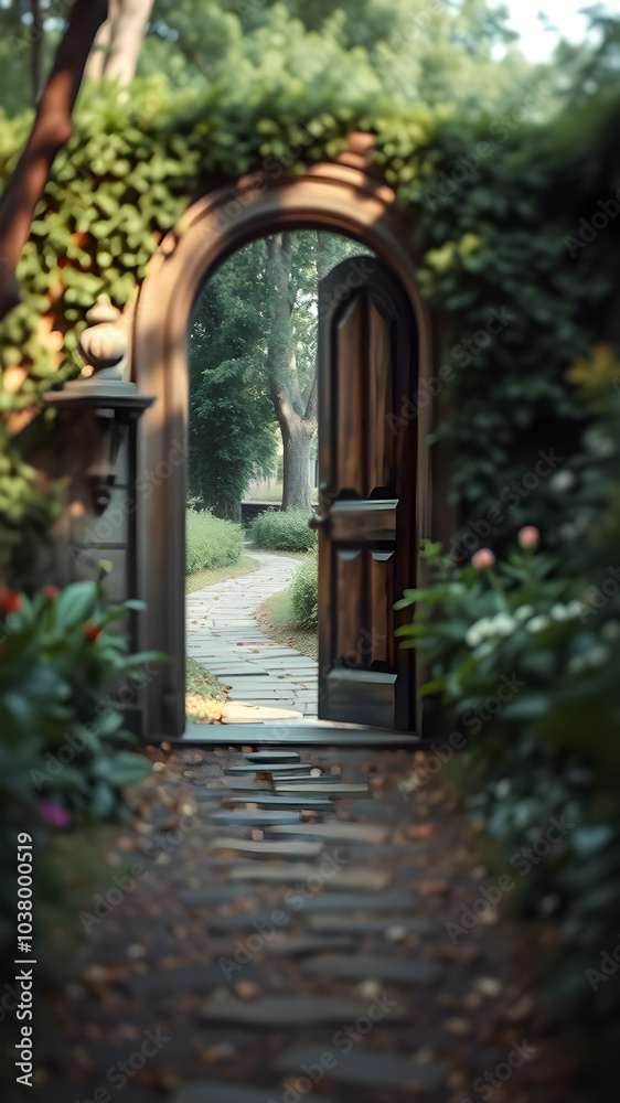 Fototapeta premium A door and a pathway in the garden of Eden, that leads to Heaven. Generative AI