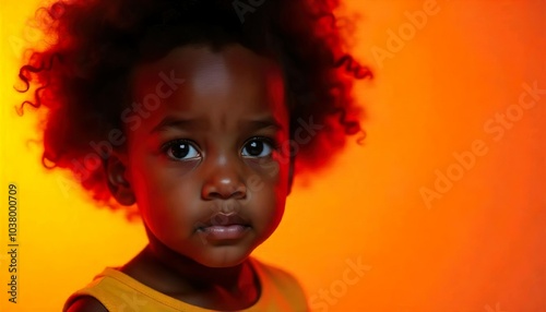 10 year old african american girl with big happy smile on her face, in orange studio background, curly hair