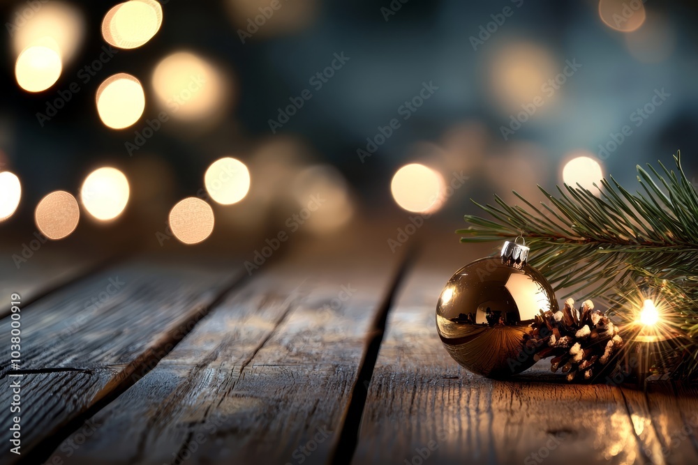 A tight shot of a Christmas ornament on a wooden table against a backdrop of twinkling fairy lights A tight shot of a Christmas ornament on a wooden table against a backdrop of twinkling fairy lights