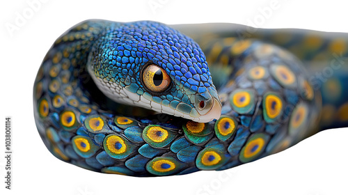 close up of a peacock back of snake isolated on white background PNG photo