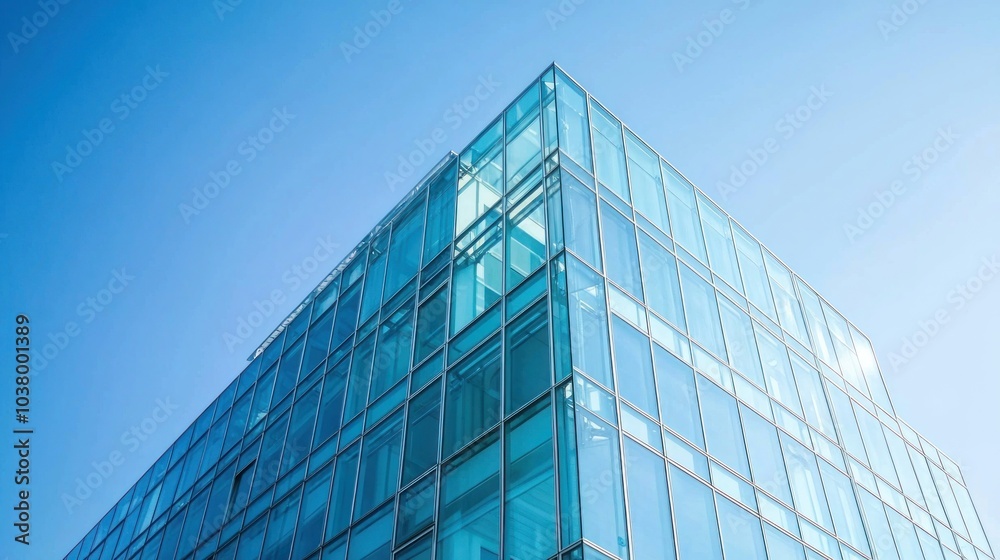 Exterior view of a modern glass office building against a clear blue sky Exterior view of a modern glass office building against a clear blue sky