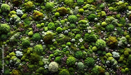 Flourishing Moss Garden with a Variety of Leafy Plants, Blooming Flowers, and Decorative Stones in a Lush Green Forest Floor