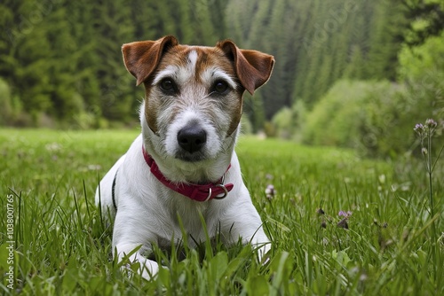 A dog, Jack Russell Terrier, lying on a lush green grassy field