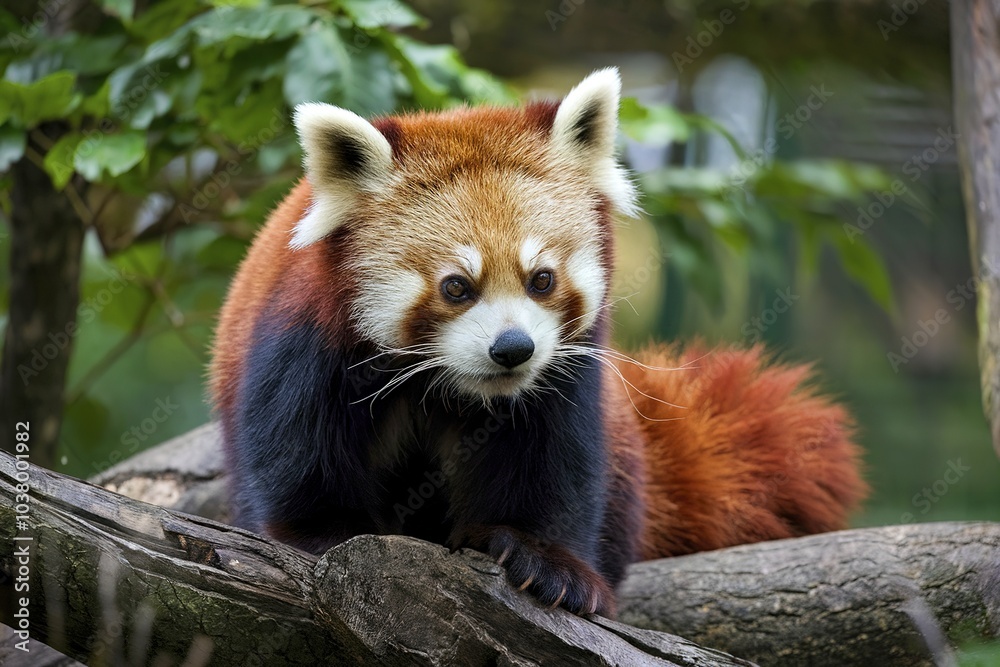 A red panda, a species known for its reddish-brown fur and bushy tail, perched on a tree branch A red panda, a species known for its reddish-brown fur and bushy tail, perched on a tree branch