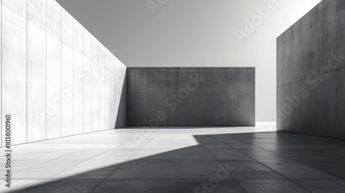 Minimalist concrete room with sunlight shining on the floor.