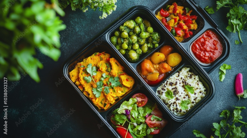 A vibrant Indian lunchbox filled with colorful dishes, viewed from above, showcasing the variety and richness of Indian cuisine.