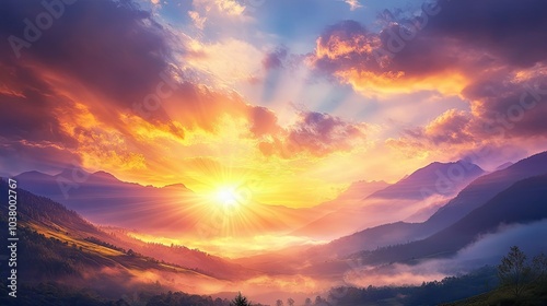 A vibrant sunrise with rays of light piercing through cloud cover over a serene valley