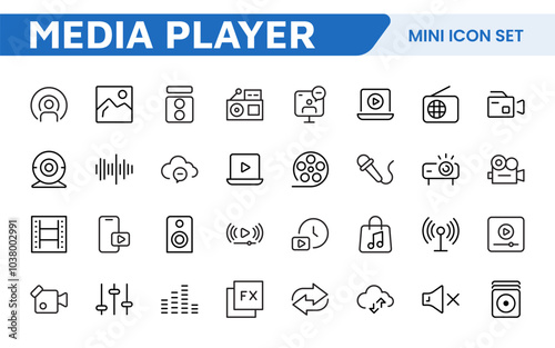 Audio Video Icons Pack. Thin line icons set. Flat icon collection set. Simple outline icons.