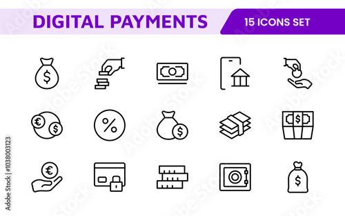 Digital Payments Icon Set. Sleek and modern icons for e-commerce, online transactions, and fintech apps, designed to enhance user interfaces and streamline payment processes.