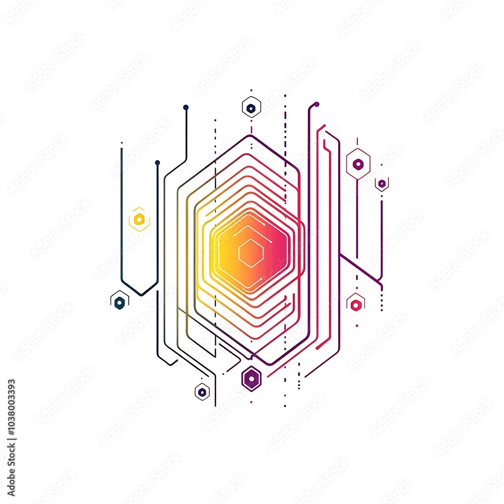 Fototapeta premium Abstract geometric design with lines and hexagonal shapes in vibrant colors.