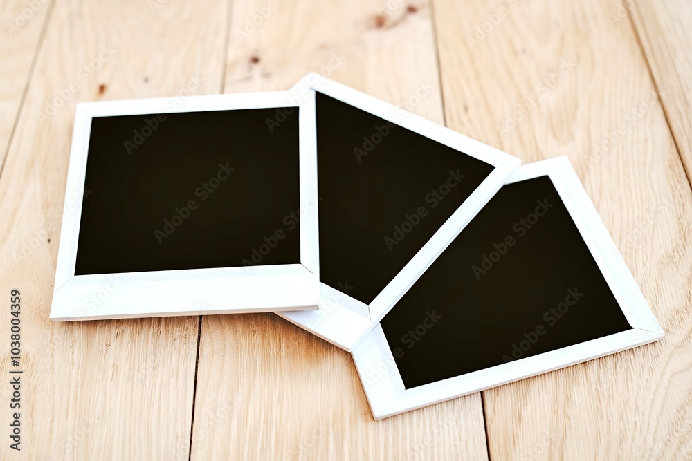 Three blank, rectangular instant photo frames with white borders Three blank, rectangular instant photo frames with white borders