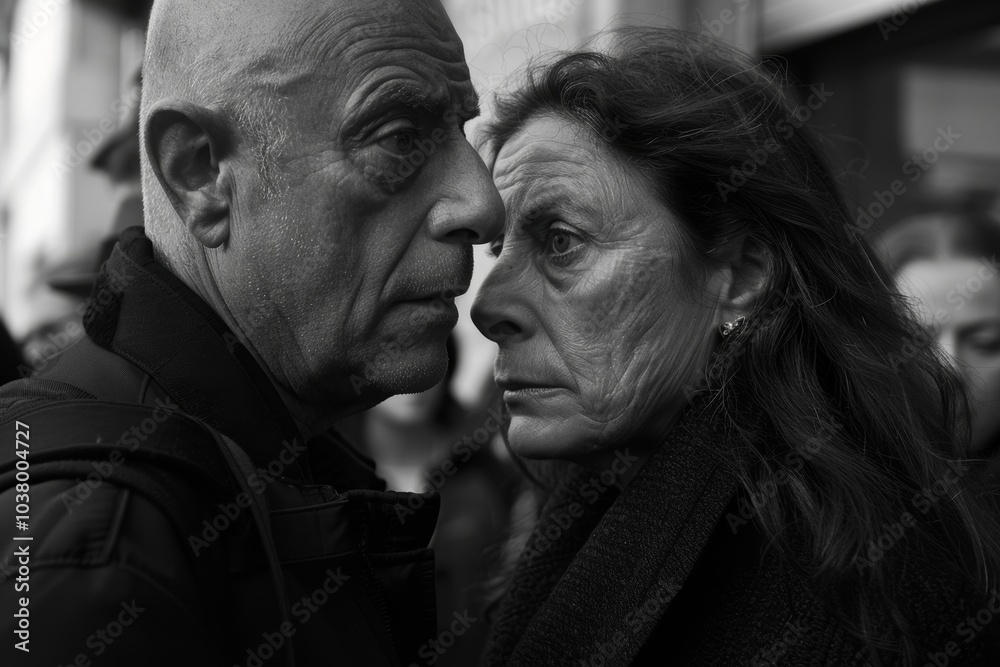 Portrait of a sad senior couple on the street. Black and white. Portrait of a sad senior couple on the street. Black and white.