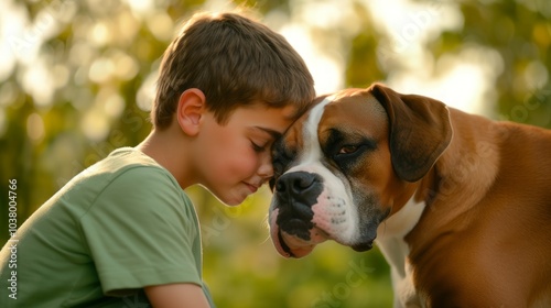 Close-up photo of a little boy gently resting his forehead against the forehead of a Boxer dog.  A moment of bonding and trust between a man and his dog 