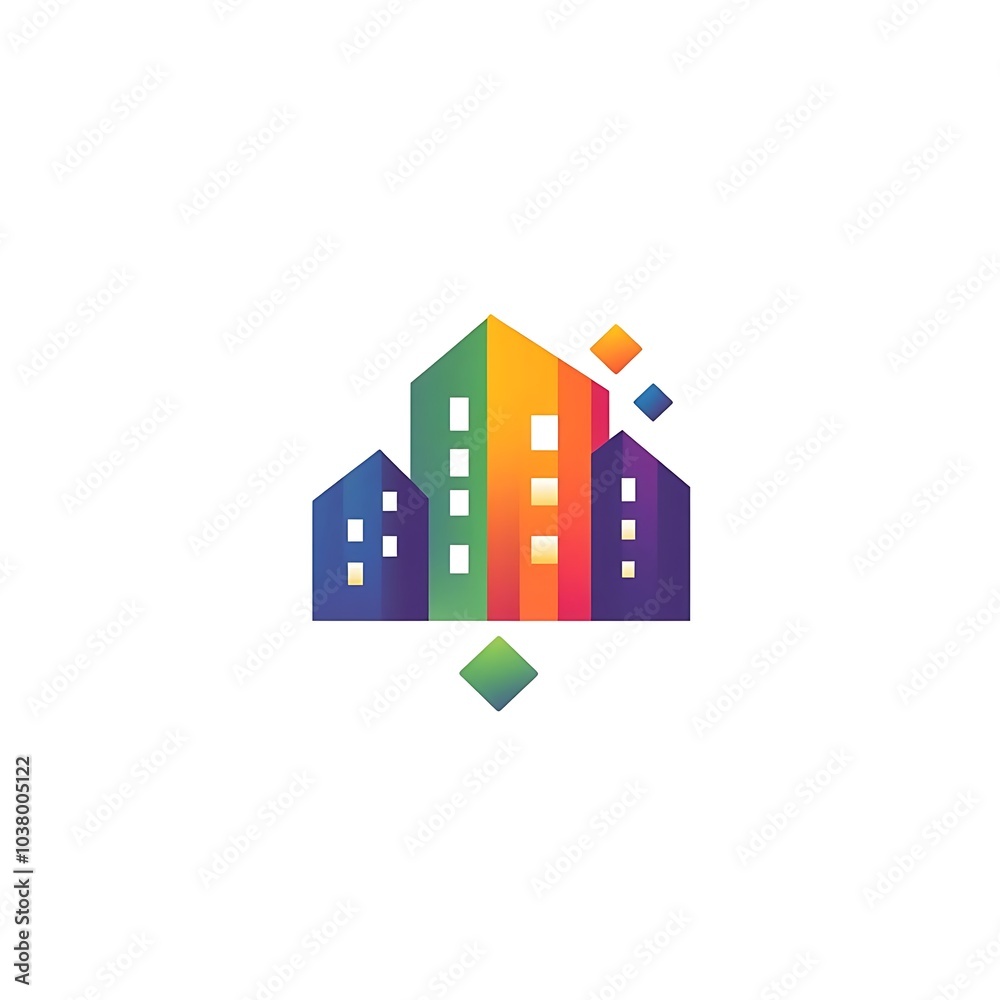 Fototapeta premium A colorful logo featuring stylized buildings with windows and geometric shapes.