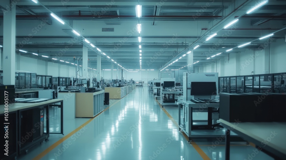 Fototapeta premium Empty Modern Warehouse with Bright Fluorescent Lights