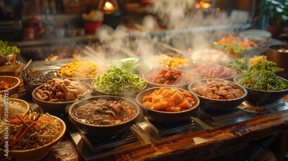 Fototapeta premium A hotpot restaurant with a wide variety of food to choose from.