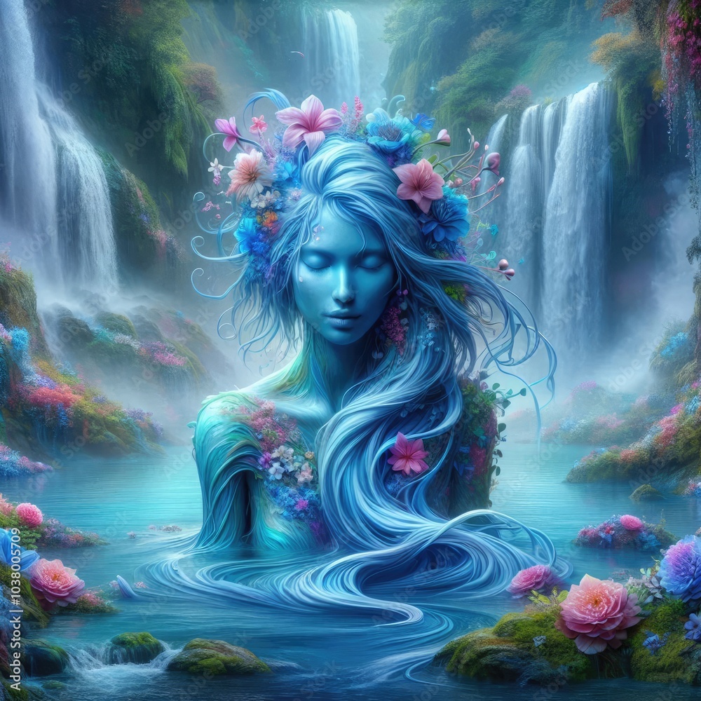 Serene Water Spirit: A Blue-Skinned Ethereal Goddess Emerging from Tranquil Waters, Adorned with Vibrant Flowers Amidst Cascading Waterfalls in a Magical, Dreamlike Fantasy Realm