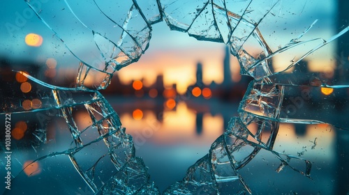 City Skyline Reflected Through Broken Glass