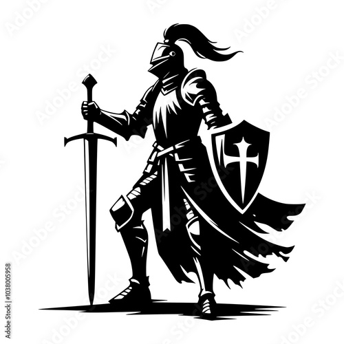 Silhouette of knight Warrior with Shield and Spear in Minimalist Black and White. Knight warrior 