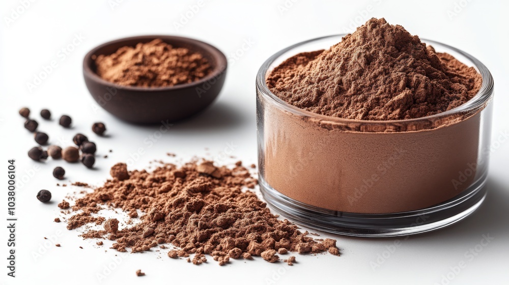 Cocoa Powder in a Glass Bowl with Peppercorns Cocoa Powder in a Glass Bowl with Peppercorns