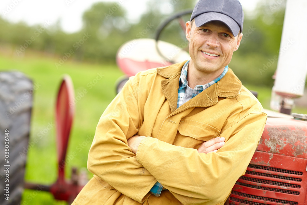 Fototapeta premium Farmer, portrait and tractor for working in countryside with smile and outdoor for sustainable business. Farm, man and agriculture for eco friendly and harvest of crops in a field of food supplier
