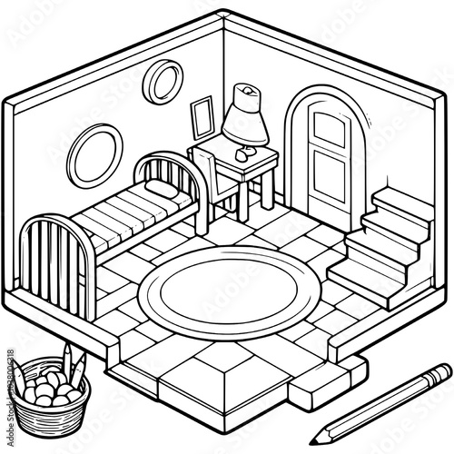 3D coloring book model of room at home