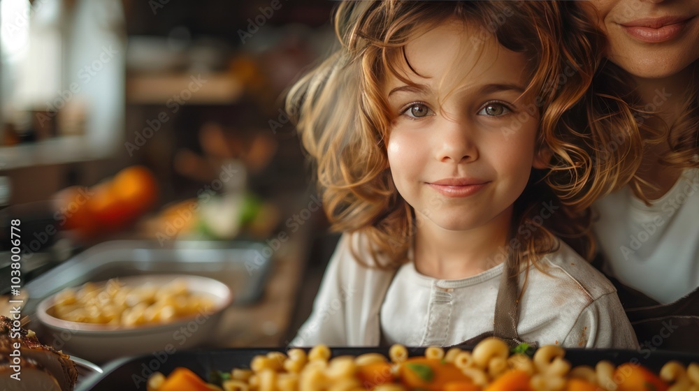 Mother and son are preparing turkey, macaroni, and salad in the kitchen.