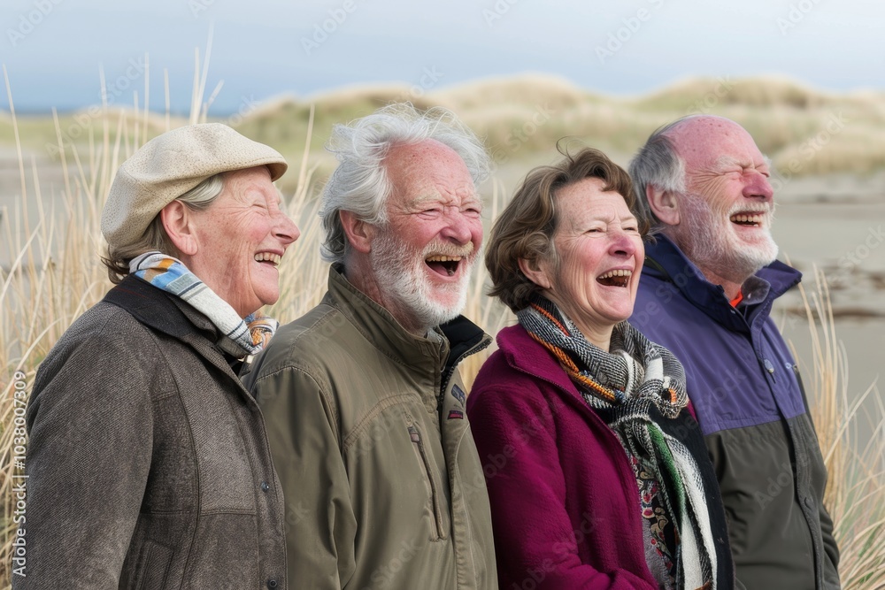 Group of seniors laughing together in the sand dunes at the beach Group of seniors laughing together in the sand dunes at the beach
