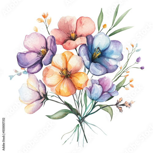 Beautiful bouquet of pastel watercolor flowers, white isolated background.