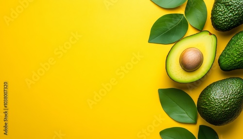 Fresh Avocados and Green Leaves on Yellow Background Copy Space Blank Space for Text