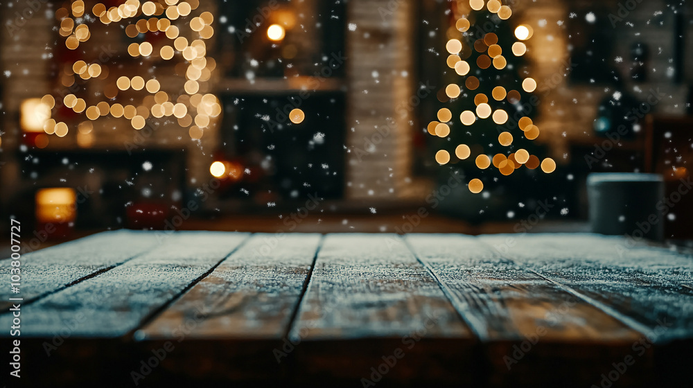Obraz premium A cozy winter evening with snowflakes falling near a decorated Christmas tree in warm lights