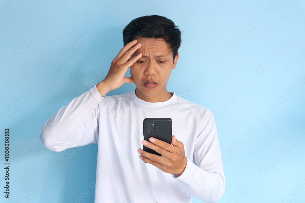 Young Asian man holding his mobile phone with sad expression Young Asian man holding his mobile phone with sad expression