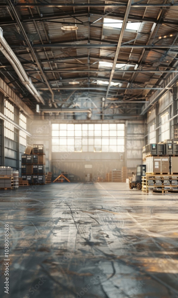 A large, empty warehouse with a forklift in the background. AI. A large, empty warehouse with a forklift in the background. AI.