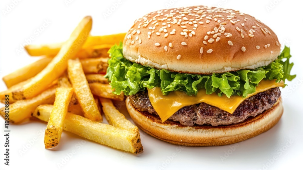 A delicious cheeseburger with lettuce and fries, perfect for a satisfying meal. A delicious cheeseburger with lettuce and fries, perfect for a satisfying meal.