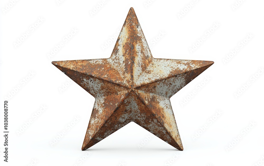 3D star with a weathered, rusty metal texture, realistic design, soft lighting, on a pure white background. 3D star with a weathered, rusty metal texture, realistic design, soft lighting, on a pure white background.