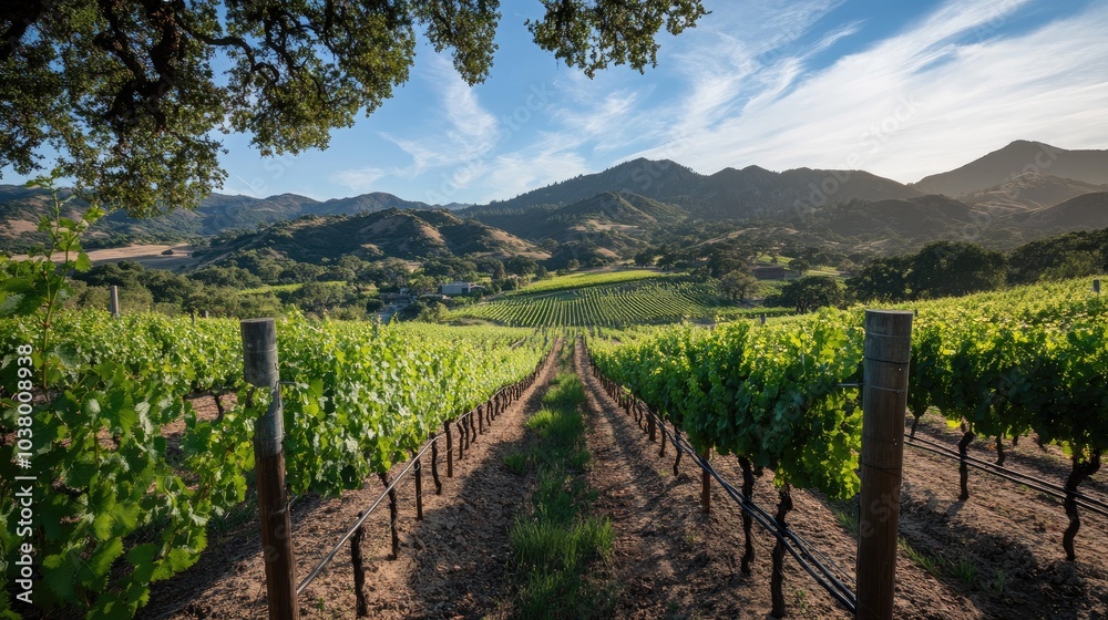 Fototapeta premium Scenic Vineyard Landscape Under Clear Blue Sky