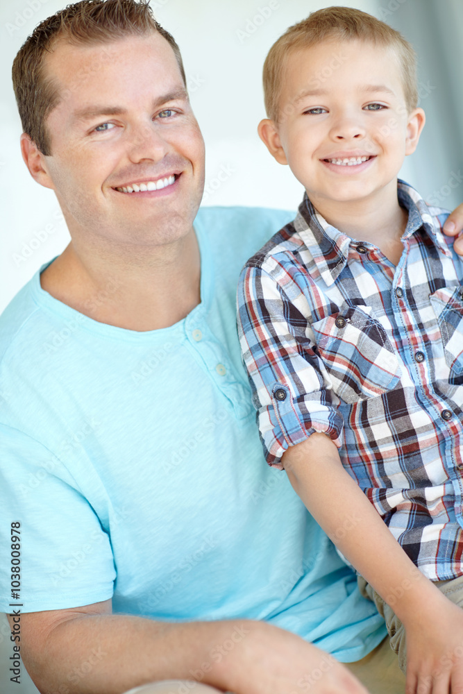 Portrait, father and son relax at house with safety, bonding together and love for relationship care. Smile, man and child with calm morning, weekend break and family support for embrace at apartment Portrait, father and son relax at house with safety, bonding together and love for relationship care. Smile, man and child with calm morning, weekend break and family support for embrace at apartment