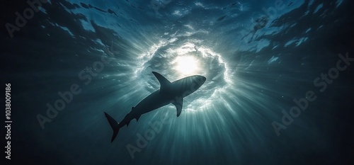 Silhouette of a shark swimming through a sunlit ocean.