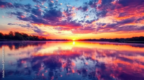Stunning Sunset Over Calm Waters and Colorful Sky