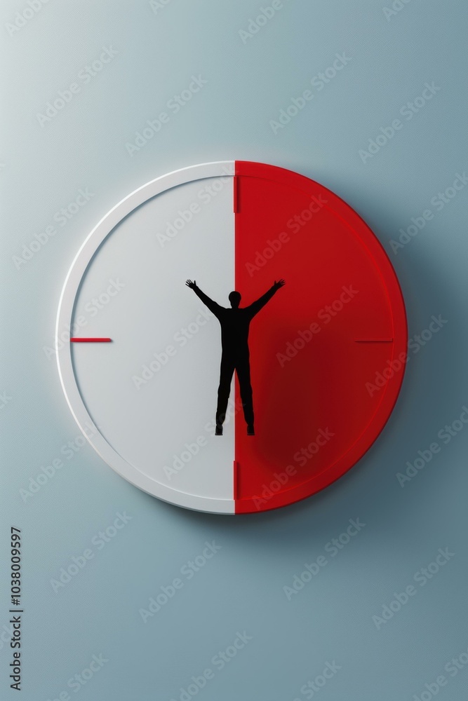A person stands on a clock, split between two colors. AI. A person stands on a clock, split between two colors. AI.