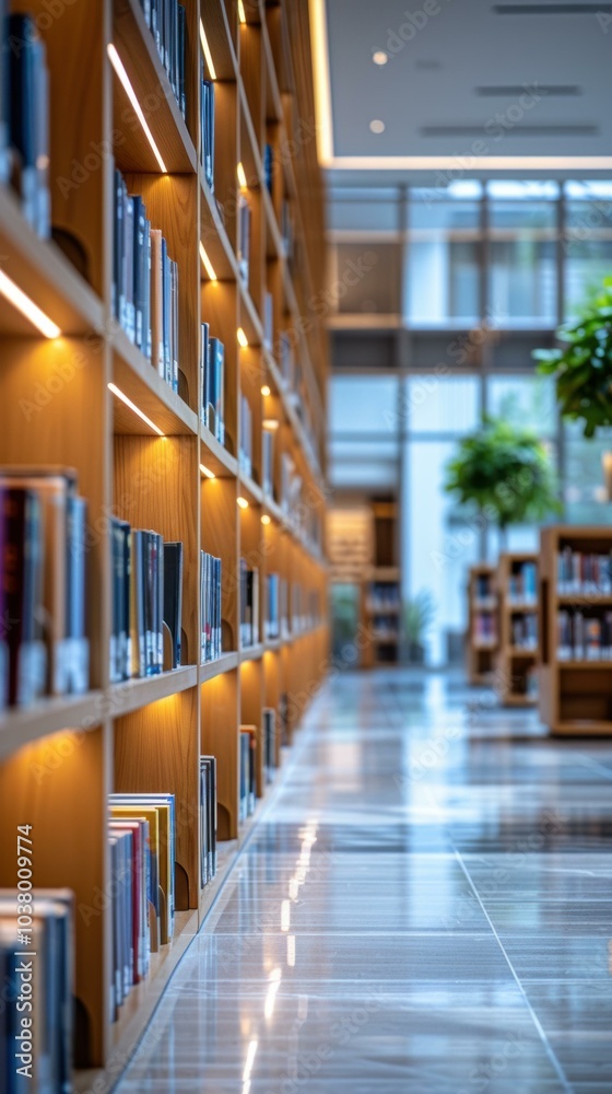 Bookshelves lined with rows of books in a library. AI.