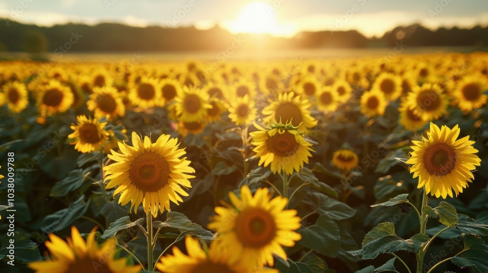 Fototapeta premium A field of sunflowers basking in the golden light of the setting sun. AI.