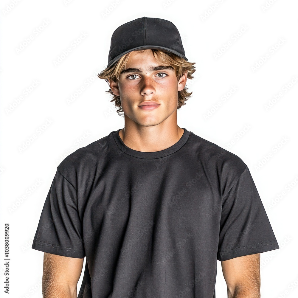 Black T-Shirt Guy with Cap on White Background Black T-Shirt Guy with Cap on White Background