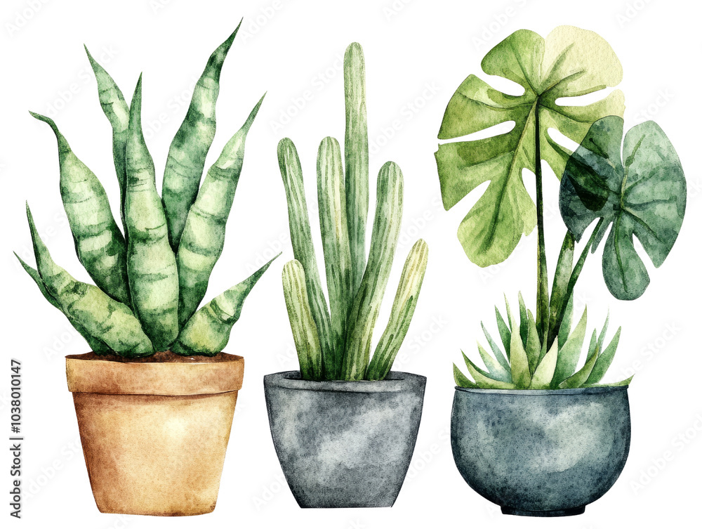Three lush potted plants in artistic watercolor style, white isolate background Three lush potted plants in artistic watercolor style, white isolate background