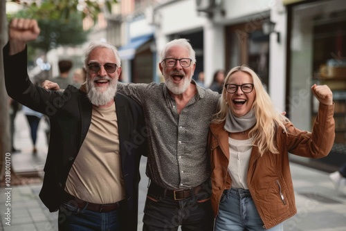 Happy senior couple with their adult son having fun on the street.