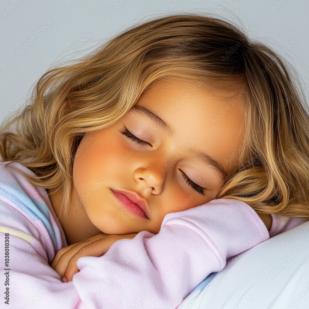 Cozy Dreams: Young Girl Sleeping in Pajamas on Isolated White Background