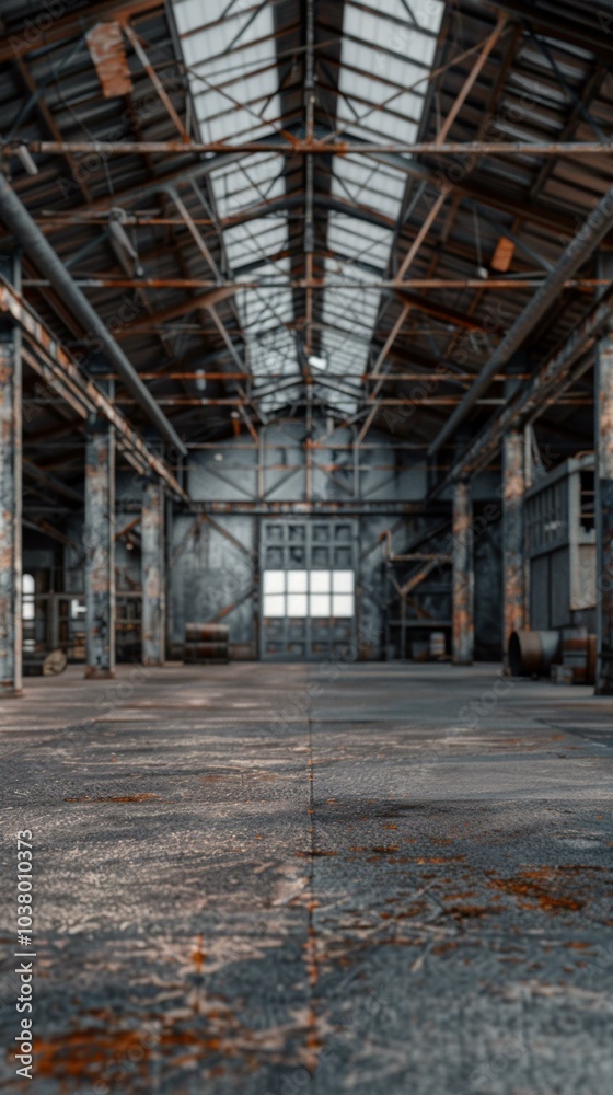 Rusty beams and a worn concrete floor in a large industrial space. AI. Rusty beams and a worn concrete floor in a large industrial space. AI.